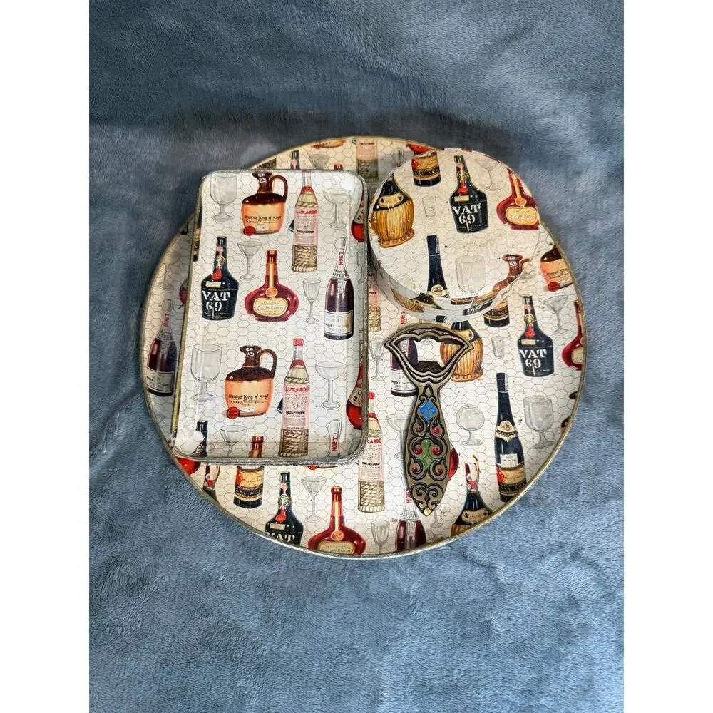 1950's Lot 18 Piece Barware Set Liquor Bottle Design Tray Plates Bottle Opener